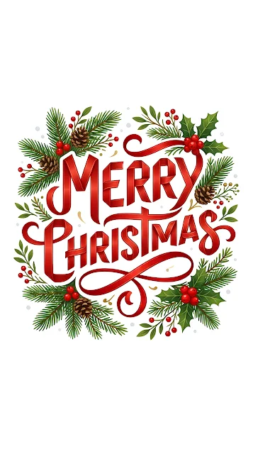Merry Christmas Typography In Red Ribbon With Pine Sprigs - Free mobile Wallpaper