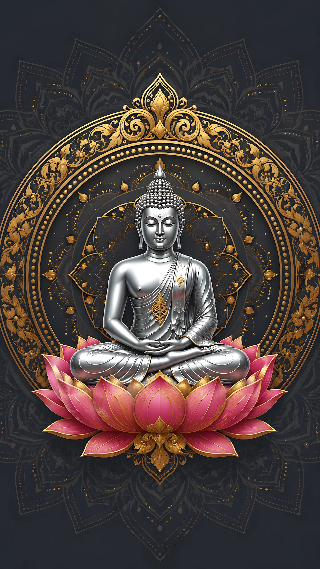 Metallic Buddha sculpture sitting in meditation on a pink lotus - Free 4K mobile Wallpaper