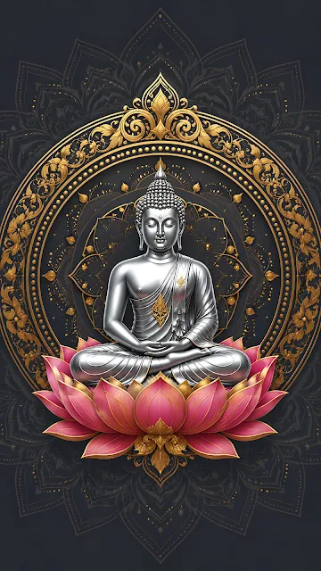 A metallic grey Buddha statue meditating on a pink blooming lotus flower, framed by a detailed circular golden mandala on a dark grey background.