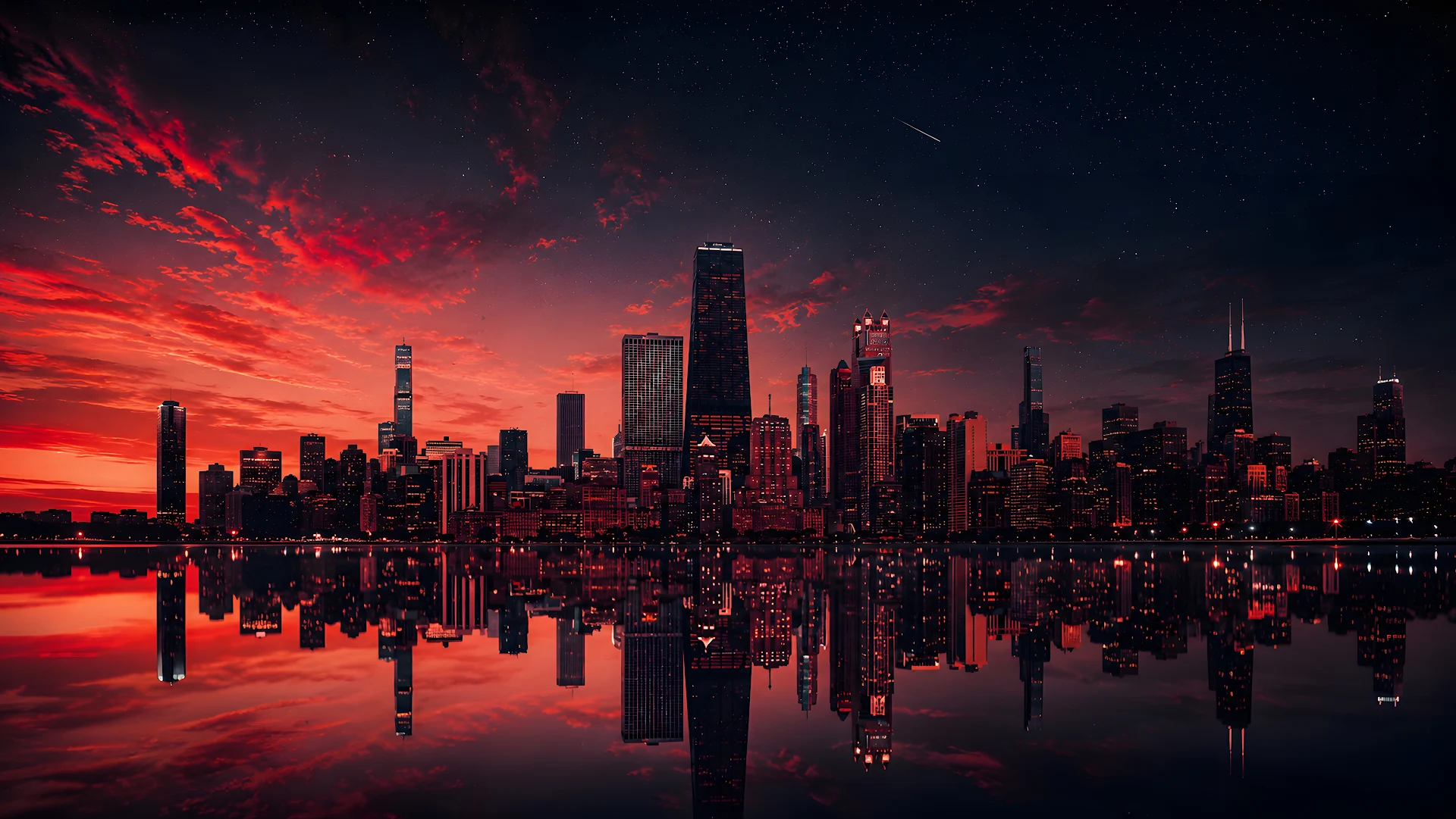 Download Metropolitan city skyline reflected in water under vivid red sunset sky Wallpaper in 4K UHD Metropolitan city skyline reflected in water under vivid red sunset sky - Free 8K and 4K desktop Wallpaper Background