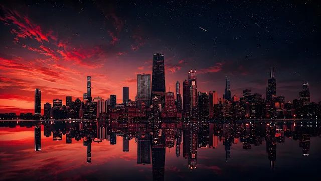 Wide photo of a modern city skyline at dusk with skyscraper lights reflecting in calm water under a vibrant red sky.