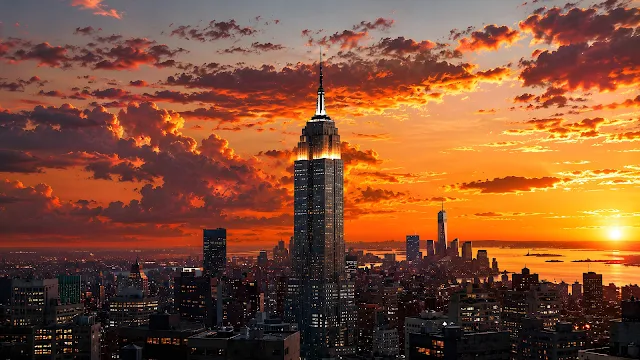 A dense metropolitan skyline stretches toward a glowing sunset beneath dramatic orange clouds.