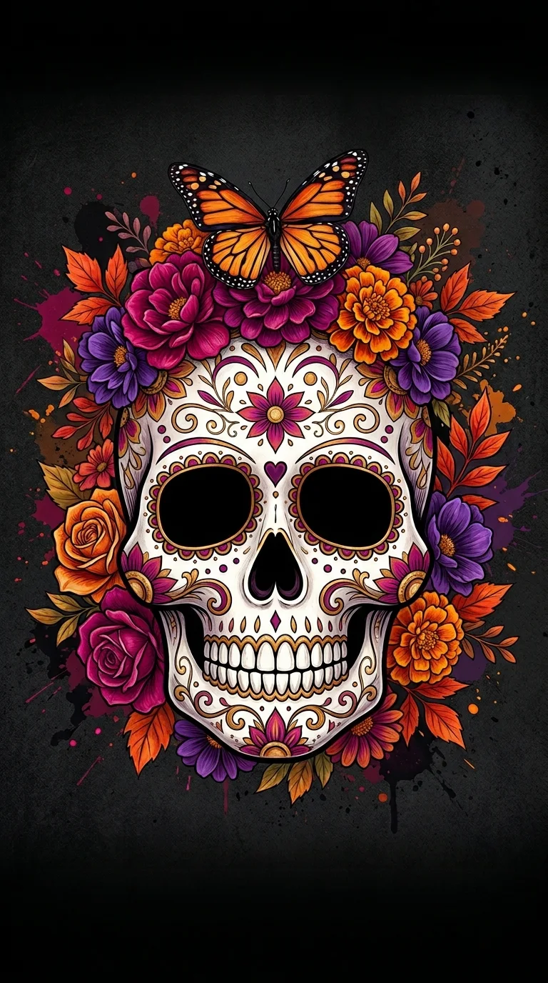 Mexican Sugar Skull Floral Day of the Dead Mobile Wallpaper - Free 8K and 4K mobile Wallpaper Background