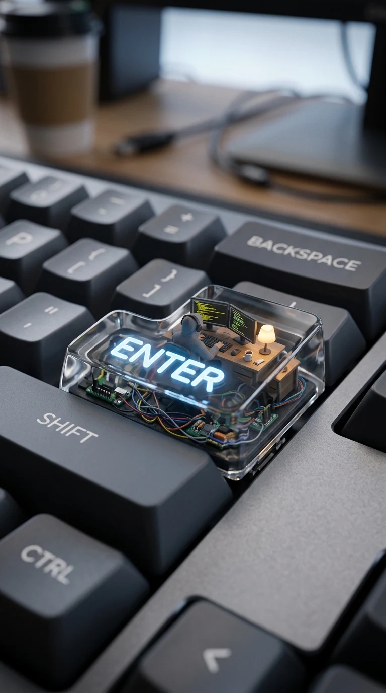 Download Microscopic Diorama of a Coder Working Inside a Transparent Enter Key Wallpaper in 4K UHD Microscopic Diorama of a Coder Working Inside a Transparent Enter Key - Free 8K and 4K mobile Wallpaper Background
