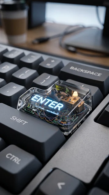 Microscopic Diorama of a Coder Working Inside a Transparent Enter Key - Free 4K & 8K mobile Wallpaper