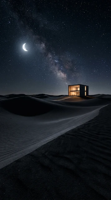 Midnight Desert Landscape with Modern Cube House Wallpaper - Free 4K & 8K mobile Wallpaper