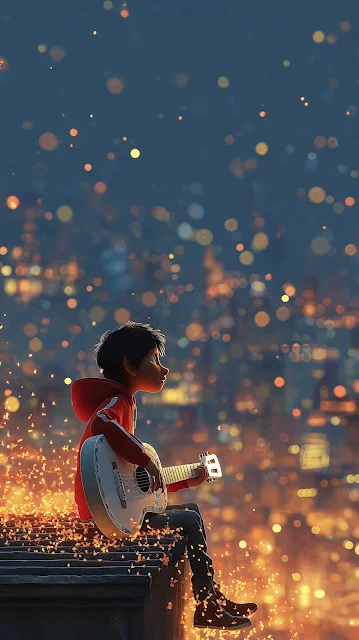 Miguel from Coco playing a white guitar on a rooftop with glowing golden particles over a city at night.