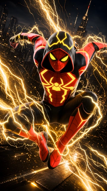 Spider-Man wearing a red and black hooded suit surrounded by crackling yellow lightning above a city.