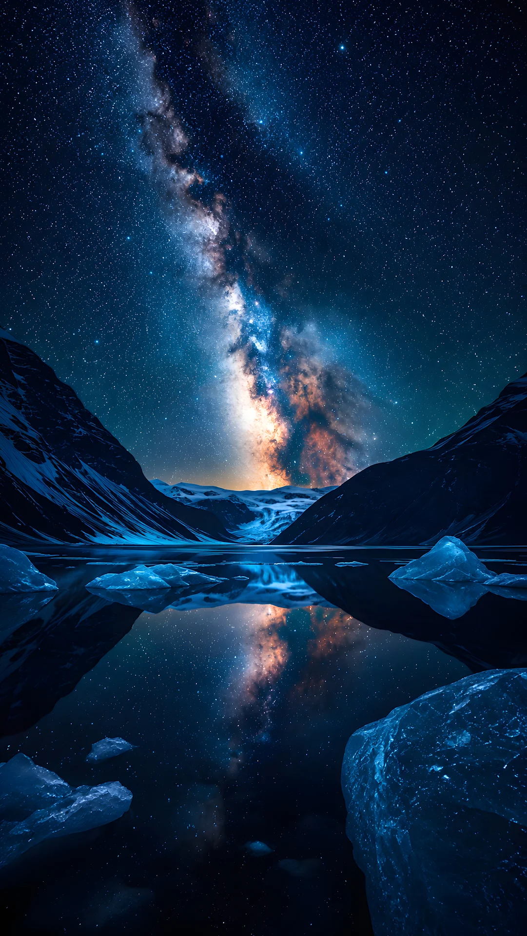 Milky Way galaxy core over snow peaks reflecting in a calm glacial lake - Free 4K mobile Wallpaper