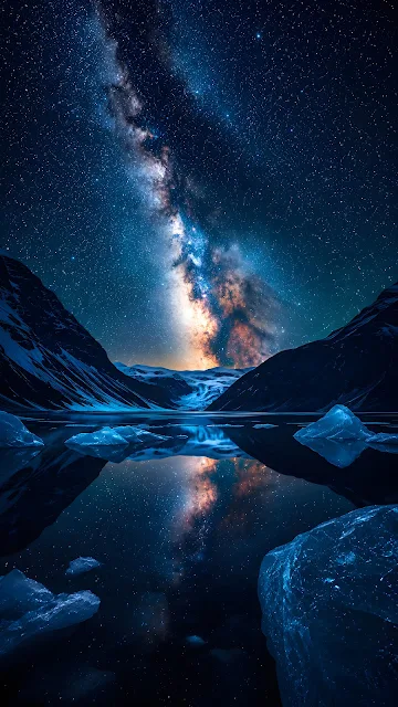 Astrophotography of the glowing Milky Way galaxy over dark snow-covered mountains reflected perfectly in an ice-filled lake.