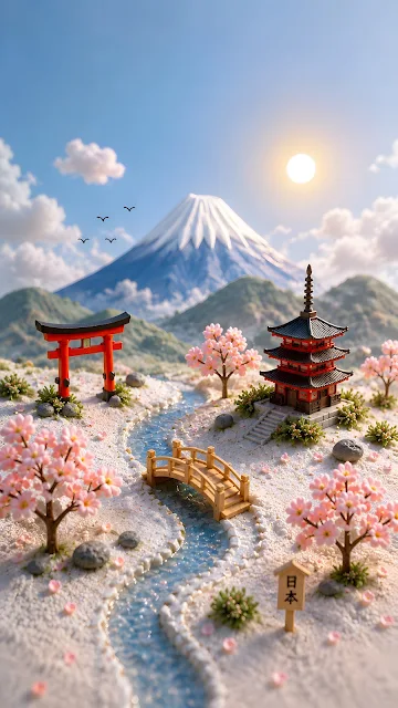 A tiny handcrafted-style 3D diorama of Mount Fuji, a red pagoda, cherry blossom trees, and a wooden bridge over a stream.