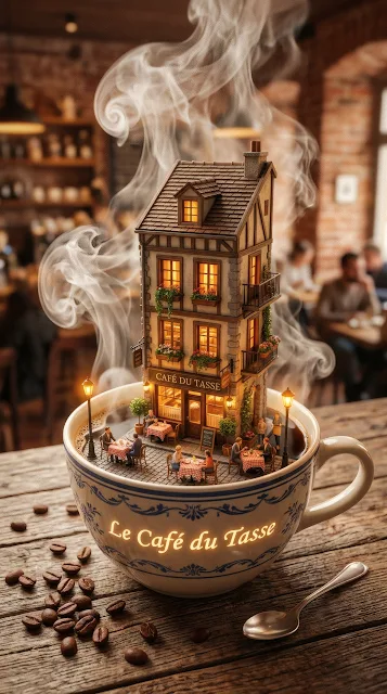 An intricately detailed miniature Parisian cafe built inside a steaming porcelain coffee cup on a wooden table.