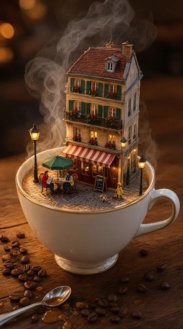 Detailed miniature multi-story European cafe building with tiny patrons sitting inside a large steaming white ceramic coffee cup.