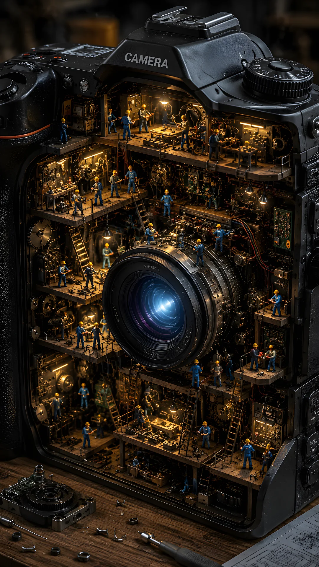 Miniature figures working inside a detailed camera mechanism - Free 4K mobile Wallpaper