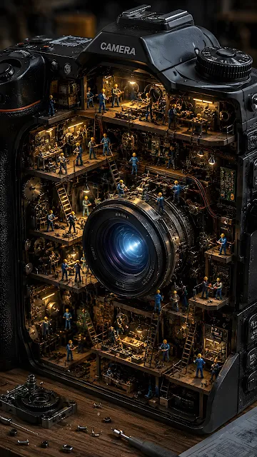 A detailed cross-section of a camera interior re-imagined as a multi-level workshop with tiny workers in blue suits and yellow helmets.