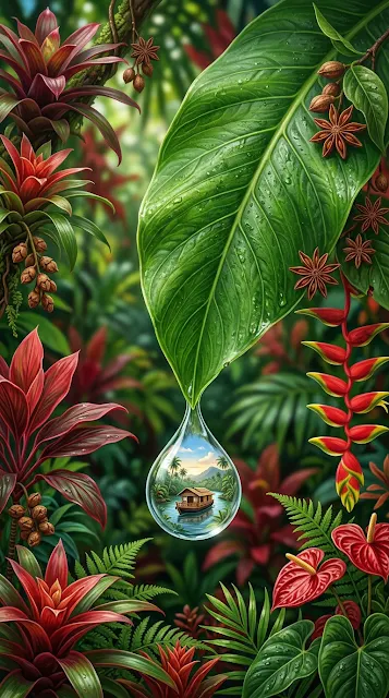 Miniature Houseboat Reflected in a Water Drop on a Large Leaf - Free 4K & 8K mobile Wallpaper