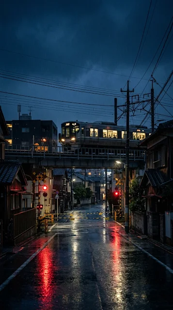 Minimal Japanese Train Blue Hour Rain Wallpaper - Free 4K & 8K mobile Wallpaper