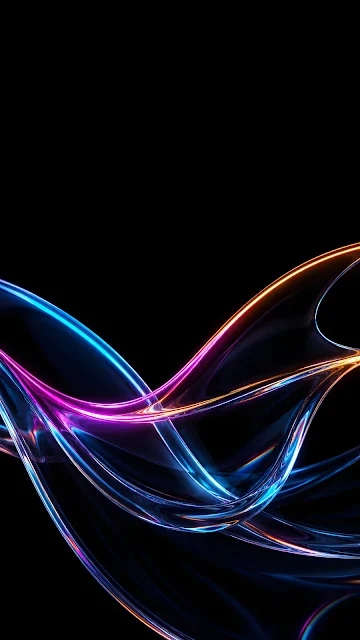 3D abstract render of a clear glass curved ribbon with glowing neon blue and orange edge lines floating on black.