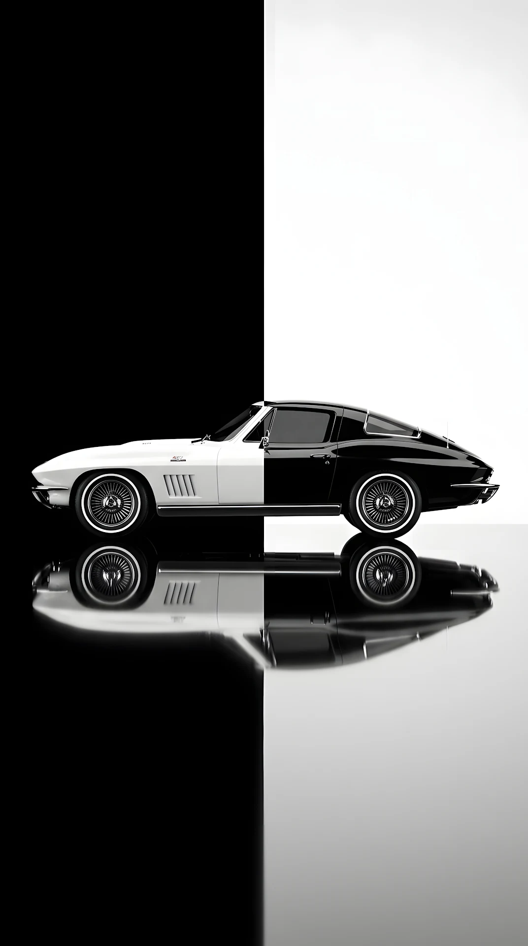 Minimalist 3D Render of a Classic Sportscar on a Split Black and White Background - Free 4K mobile Wallpaper