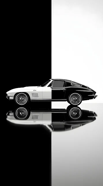 Minimalist 3D Render of a Classic Sportscar on a Split Black and White Background - Free mobile Wallpaper