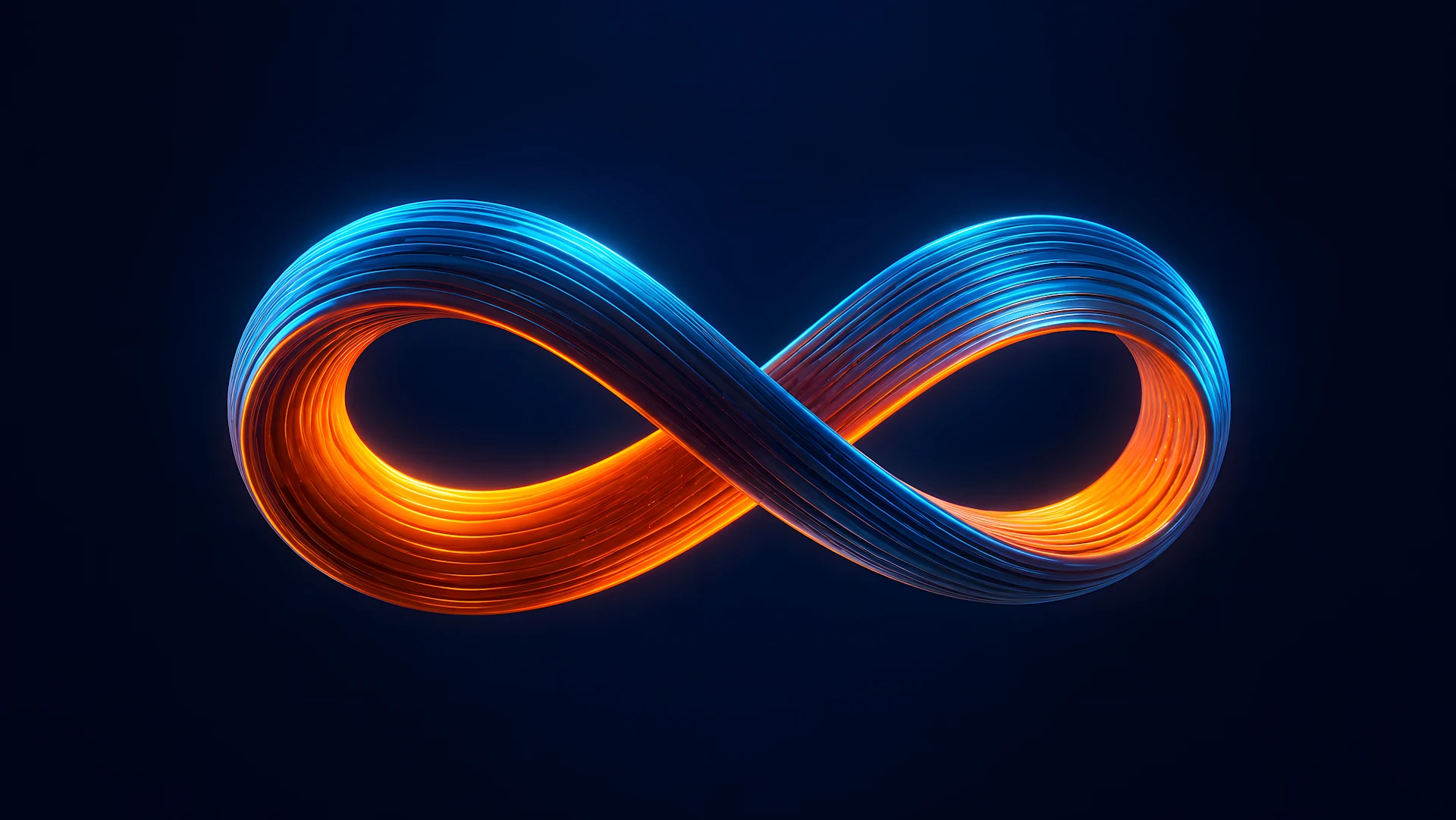 Minimalist 3D twisted ribbon sculpture with orange and blue glowing light - Free 4K desktop Wallpaper