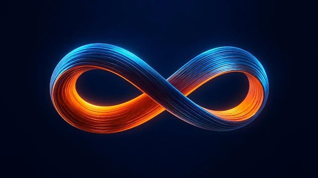 Symmetrical 3D render of a floating twisted infinity ribbon sculpture lit by orange internal glow and blue rim lighting on a dark background.