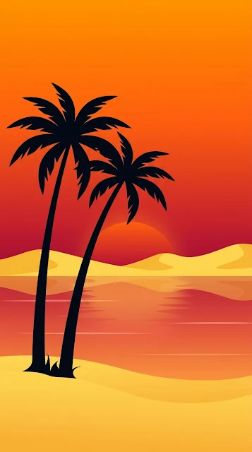 Minimalist Beach Sunset with Abstract Dunes and Palm Tree Silhouettes - Free 4K & 8K mobile Wallpaper