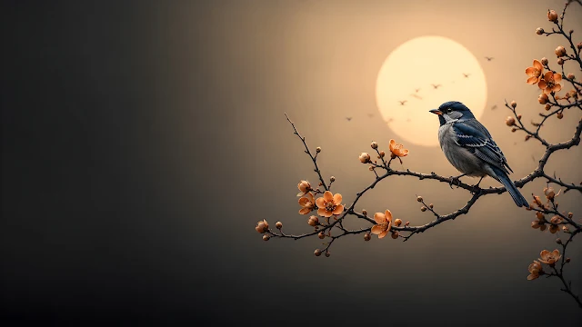 A stylized blue bird sits on a branch with orange autumn flowers against a large pale sun.