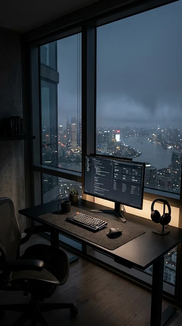 Minimalist Black Workspace Penthouse Fog View Wallpaper - Free 4K & 8K mobile Wallpaper