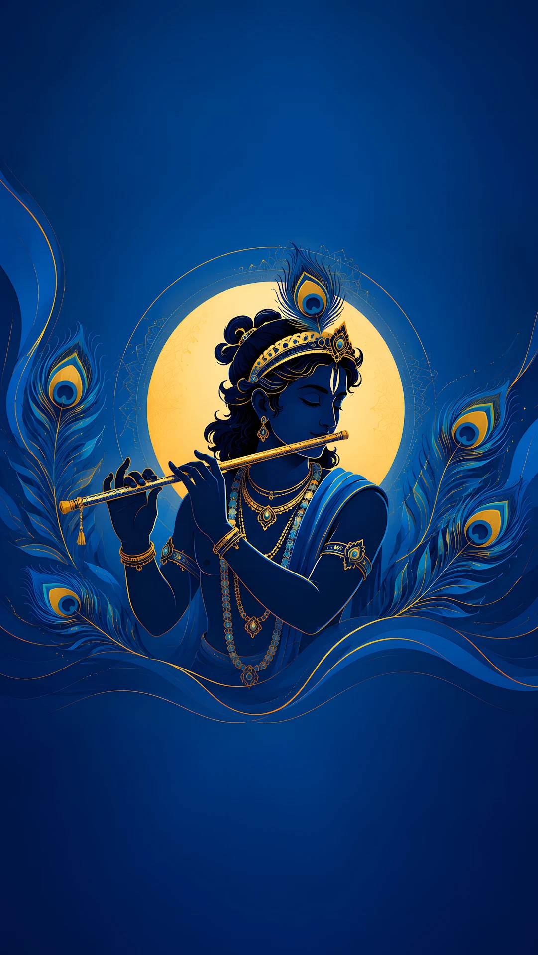 Minimalist blue silhouette of Krishna playing flute with peacock feathers - Free 4K mobile Wallpaper