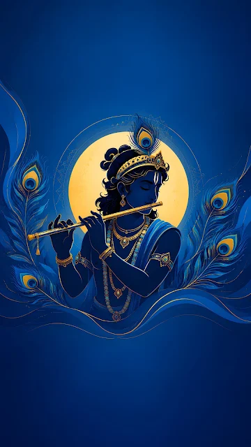Clean vector graphic silhouette of Lord Krishna playing a flute, decorated with gold accents and peacock feathers on a blue radiant halo background.