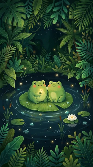 Minimalist Cartoon of Two Frogs Sitting on a Lilypad in a Dark Pond - Free 4K & 8K mobile Wallpaper