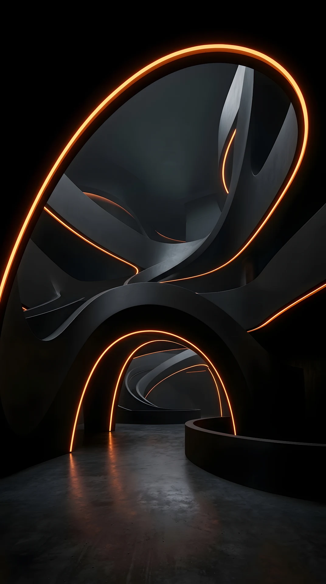 Minimalist Dark Abstract Curves with Orange Light Accents - Free 4K mobile Wallpaper