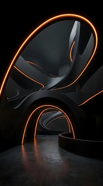 Minimalist Dark Abstract Curves with Orange Light Accents - Free mobile Wallpaper