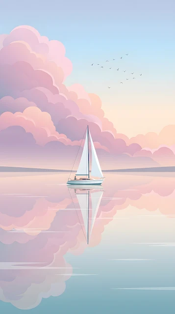 Minimalist Digital Illustration of a Sailboat at Sunset with Pink Clouds - Free mobile Wallpaper