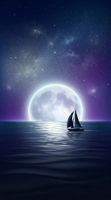 Minimalist Dreamlike Ocean with Colossal Moon and Sailboat - Free 4K & 8K mobile Wallpaper