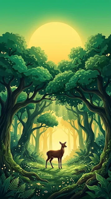 Minimalist Enchanted Forest with Colossal Sun and Deer Silhouette - Free 4K & 8K mobile Wallpaper