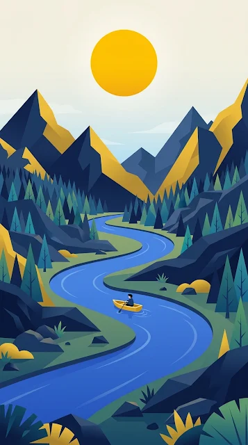 Minimalist Flat Design Landscape with River and Rowboat - Free 4K & 8K mobile Wallpaper