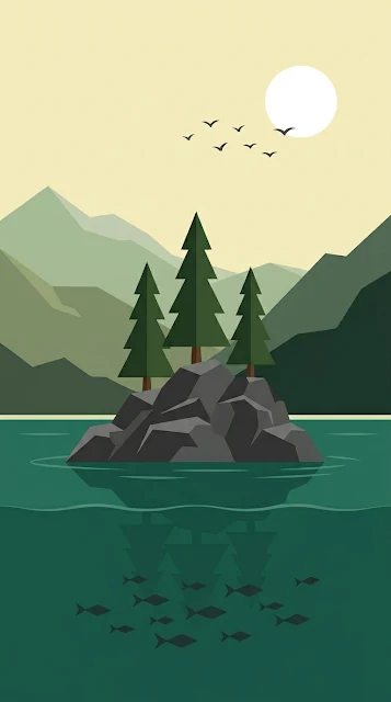 Minimalist Flat Illustration of an Island Lake with Fish and Birds - Free 4K & 8K mobile Wallpaper
