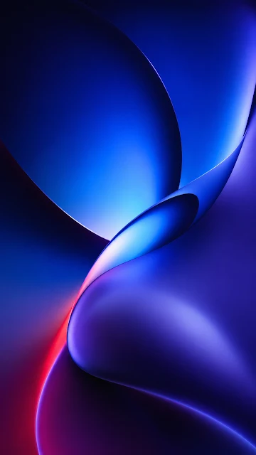 An abstract, smooth 3D render of curved satin ribbons gracefully folding in rich royal blue, violet, and crimson glowing edges.