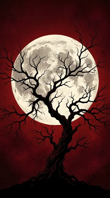 Minimalist Full Moon Silhouette and Red Gothic Background - Free mobile Wallpaper