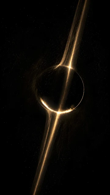 A minimal graphic composition featuring a fine glowing golden circular line bisected by a sharp vertical light beam against a pitch black background.