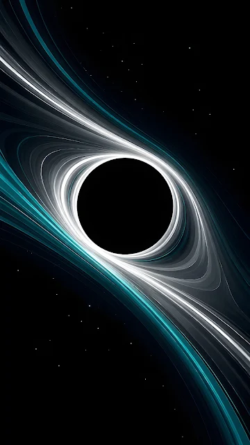 A stylized minimalist abstract graphic representing a black hole with glowing rings of cosmic gas and dust swirling around it.