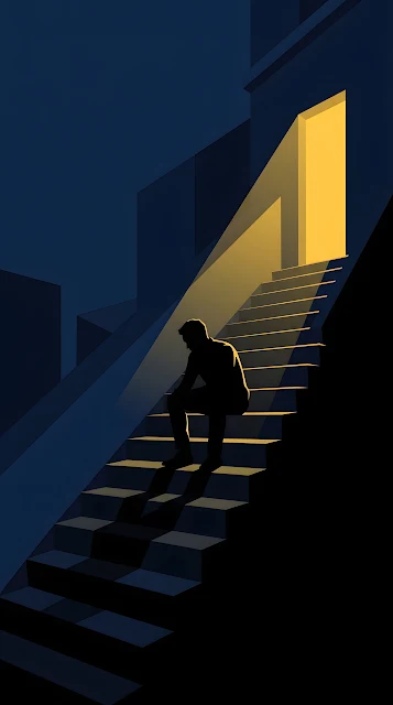Minimalist Graphic Illustration of a Silhouette Man on City Steps - Free mobile Wallpaper
