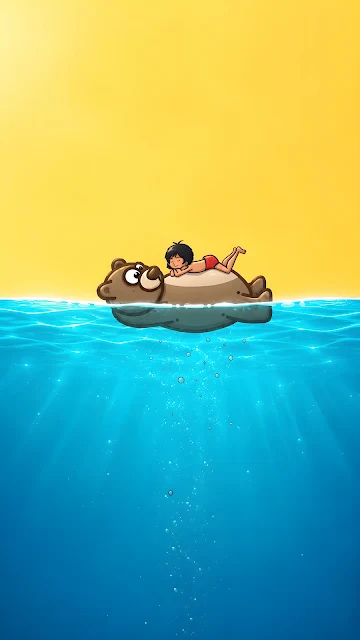 Cartoon boy in red shorts relaxing peacefully on top of a floating brown bear in sparkling ocean water under a yellow sky.