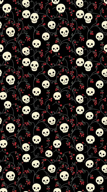 Minimalist Halloween Cartoon Skulls and Red Berries Seamless Pattern - Free 4K & 8K mobile Wallpaper