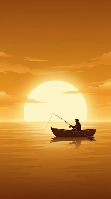 Minimalist Illustration of a Fisherman in a Boat at Golden Sunset - Free 4K & 8K mobile Wallpaper