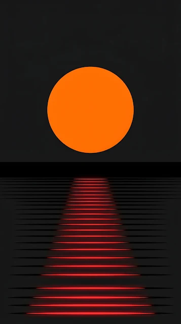 Minimalist Illustration of a Large Orange Sun Reflecting on Dark Water - Free mobile Wallpaper
