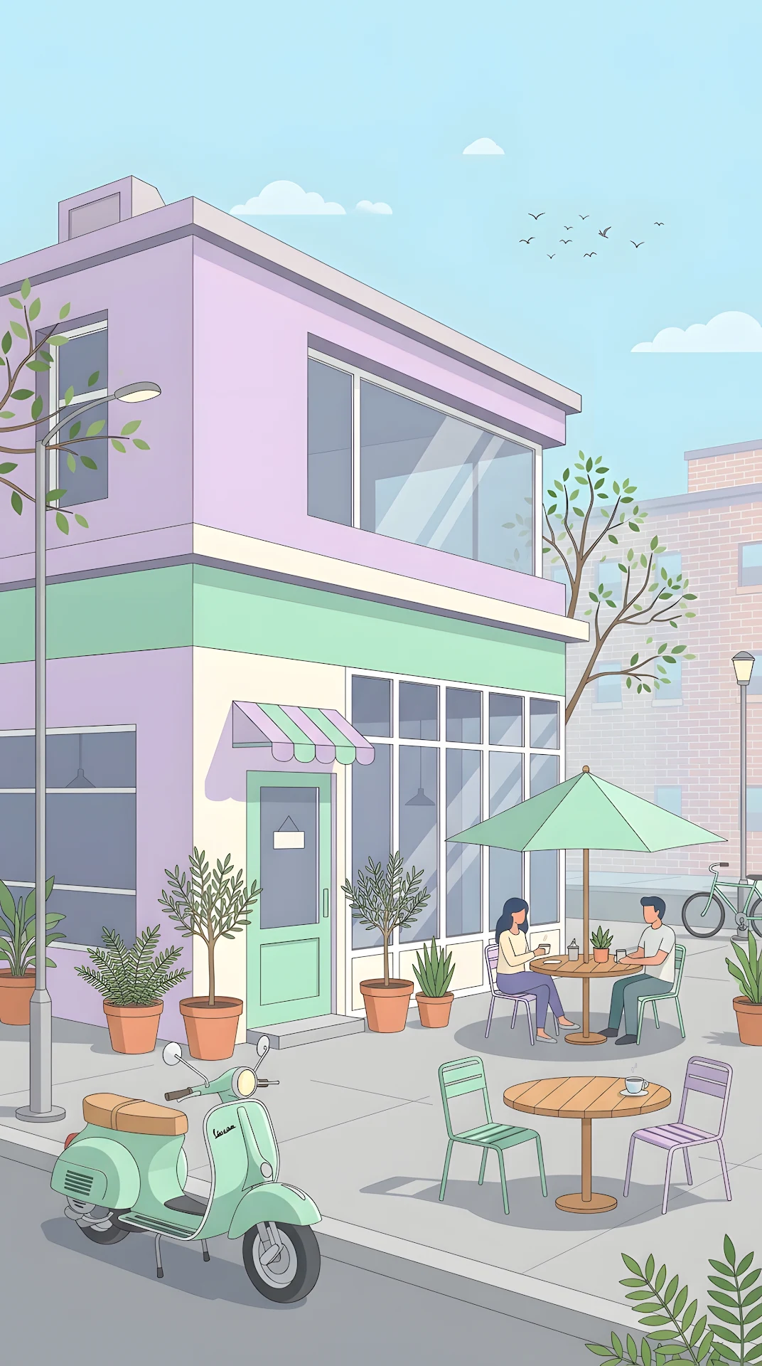 Minimalist Illustration of a Trendy Urban Café with Lavender and Mint Facade - Free 4K mobile Wallpaper