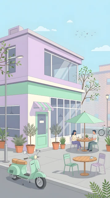 Minimalist Illustration of a Trendy Urban Café with Lavender and Mint Facade - Free mobile Wallpaper
